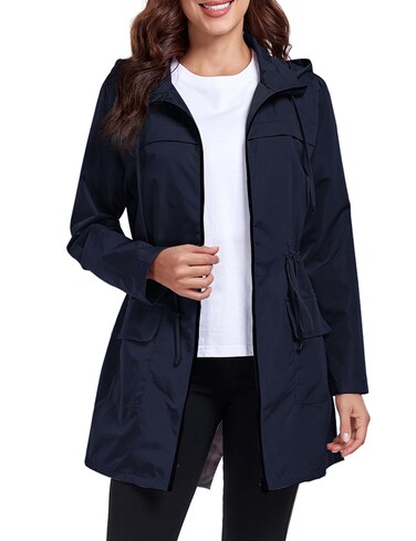 Qyuagle Waterproof Travel Coats Outdoor Hiking Camping Raincoat Lightweight Waterproof Rain Jacket Navy Blue L