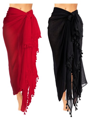 2 Pieces Women Beach Batik Long Sarong Swimsuit Cover up Wrap Pareo with Tassel for Women Girls (Black, Red, X-Large)