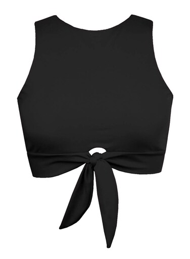 Women's Cut Out Tie Knot Front Scoop High Neck Tank Crop Top Bikini Swimsuit Top Only Black