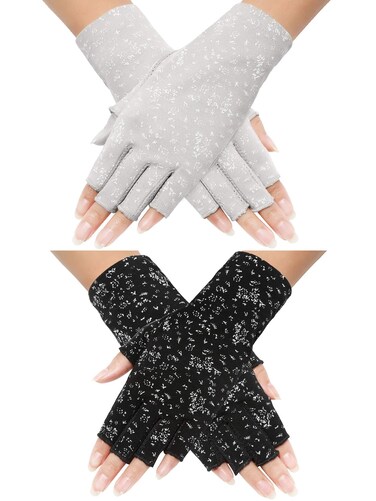 Maxdot 2 Pairs Women Sunblock Fingerless Gloves Summer Driving Gloves Non Slip UV Protection Gloves for Outdoor (Grey,Black)
