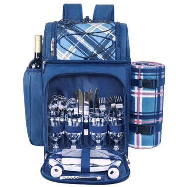Hap Tim Picnic Basket Backpack for 4 Person with Insulated Leak Proof Cooler Compartment,Wine Holder,Fleece Blanket,Cutlery Set,Perfect for Beach Camping Party,Gifts for Boys Girls,Blue (36079-BL)