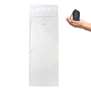 Mountainlodge White Sleeping Bag Liner for Warm Weather Seasons with Carry Bag - Protable,Lightweight and Skin-Friendly Sleeping Bag for Camping,Hiking and Backpacking. (White with Zipper Right)