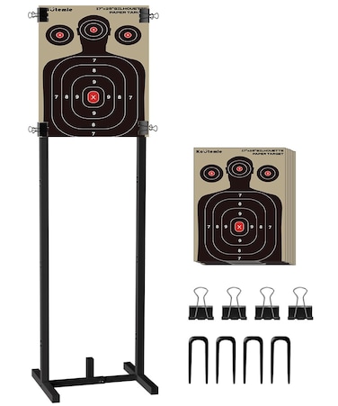 Koutemie Outdoor Shooting Target Stand with 10pcs 17x25 Inch Paper Targets, Heavy Duty Range Target Holder with Adjustable Base for Cardboard Silhouette, H Shape, Black