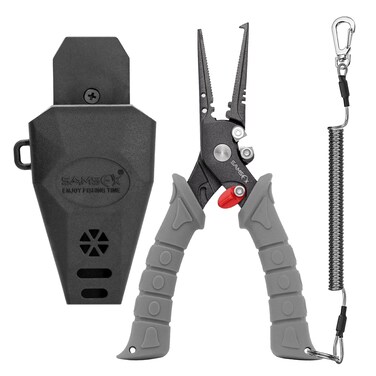 SAMSFX 7.5 inch Fishing Pliers, Stainless Steel Hook Remover Fishing Gear, Tungsten Carbide Cutters, Corrosion Resistant Teflon Coating (Gray Handle, Split Ring Nose)