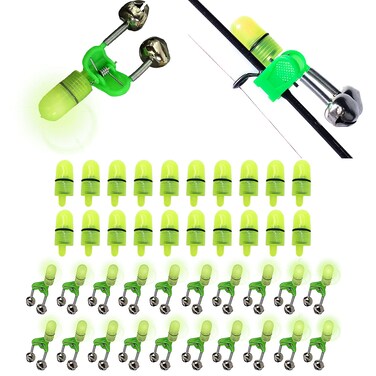 GRANDBUY 20 pcs Fishing Bells Clips with LED Light Night Sea Fishing Rod LED Light Clip with Twin Bells Ring Fishing Bite Alarm Indicator On Fishing Rod Green Light (20 Pcs Fishing Bells Light)