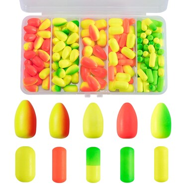 Alwonder 150-Pack Oval Foam and Cylinder Foam, Surf Fishing Pompano Rigs Floats Bottom Rig Live Bait Rig Fish Finder Rigs Strike Indicators Fly Fishing Floats for Catfish Trout Walleye (Oval&amp;Cylinder)