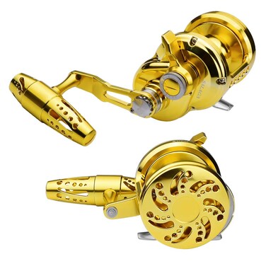 PROBEROS Fishing Conventional Jigging Reel Saltwater - Heavy Duty Deep Ocean Big Offshore Round Aluminum Trolling Reels 1PC Gold Left Hand