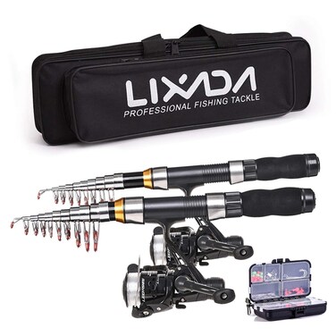 LIXADA Fishing Rod and Reel Combos Set, Telescopic Fishing Pole with Spinning Reels Hooks Soft Lures Barrel Swivels Storage Bag Saltwater Freshwater Fishing