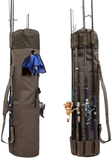 Allnice Sturdy Canvas Fishing Rod &amp; Reel Organizer Bag Travel Carry Case Bag- Holds 5 Poles &amp; Tackle (Khaki)