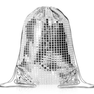 Locmeo 1 Piece Disco Drawstring Backpack Silver Sequin Bag Metallic Gym Bag Disco 80s Bachelorette Bridal Shower New Year Party Favor