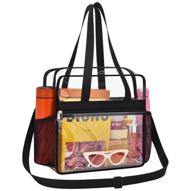 Lyingflat Clear Bag for Stadium Events 12x6x12, Clear Message Bag Stadium Approved with Reinforced Shoulder Straps, Transparent Bag for Sports Events Concert and Festival, Black
