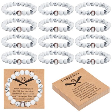 Ecation 12 Pcs Sport Bracelets Team Gift Lave Stone Black White Beaded Bracelet with Inspirational Card for Football Volleyball Golf Baseball Basketball Soccer Softball Party Favor (White,Baseball)