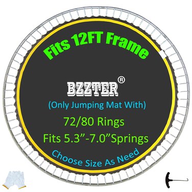 Bzzter Trampoline Mat,Fits 12 Foot Round Frame,with 72 Rings &amp; 124.4Inch Diameter,Fits 6.5" Springs,10 Rows of Stitching for Longer Lasting,w/Pull Hook and Gloves, Replacement Trampoline Mat 12ft