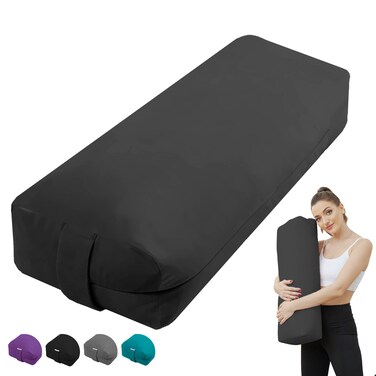 Yoga Bolster Pillow for Restorative Yoga - Meditation Pillow with Velvet Cover, Filled with Waste-sponge- Rectangular Yoga Bolster (Black)