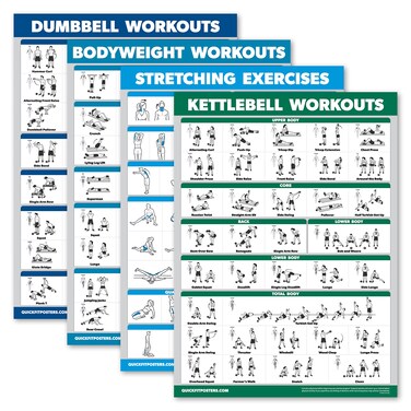 Palace Learning 4 Pack - Dumbbell Workouts + Bodyweight Workouts + Stretching Exercises + Kettlebell - Set of 4 Workout Charts (18&rdquo; x 24&rdquo;, LAMINATED)