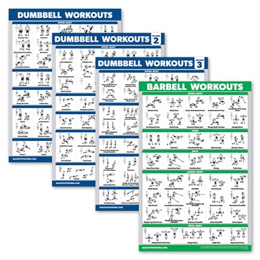 Palace Learning 4 Pack - Dumbbell Workout Posters Volume 1, 2 &amp; 3 + Barbell Exercise Chart - Set of 4 Posters (LAMINATED, 18" x 24")