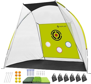SAPLIZE Impact-Resistant Golf Net with 20% Larger Opening Area, Highly Stable Golf Hitting Net with Tri-Turf Golf Mat, Noise Reduction Design Golf Practice Net for Indoor Outdoor Backyard Driving