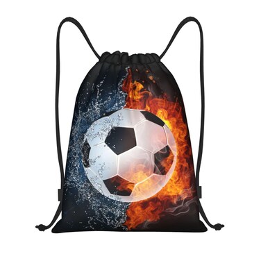 Kids Soccer Drawstring Bags for Boys Girls, Sports-Themed Drawstring Backpack Casual Knapsack with Water and Fire Printed for Teens Adults Women Men for Gym Travel Swimming Hiking Camping, Small
