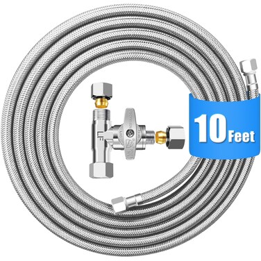 Refrigerator Water Line Kit - 10FT Stainless Steel Braided Ice Maker Water Line with Tee Stop Valve,Foodgrade PEX Inner Hose Fridge Water Line with 1/4&amp;quot; Comp Fitting and Tee Valve