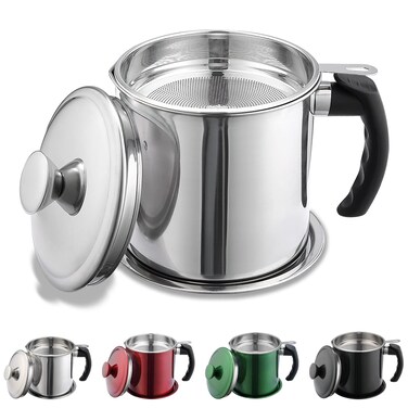 Kyraton Bacon Grease Container With Strainer, 48 oz Metal Shining Green Coating Oil Container, Pot Fat Storage With Lid, Easy Grip Handle Suitable For Storing Frying Oil And Cooking Grease