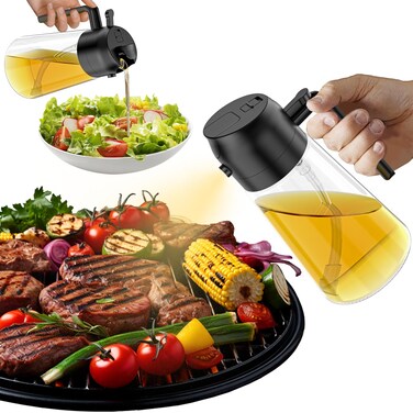 Oil Sprayer for Cooking,2 in 1 Olive Oil Dispenser Bottle for Kitchen,16oz/470ml Spray &amp; Pour Oil Dispenser Bottle,Glass Olive Oil Spritzer,Food-grade Oil Mister for Air Fryer,Salad,Frying,BBQ (Black)