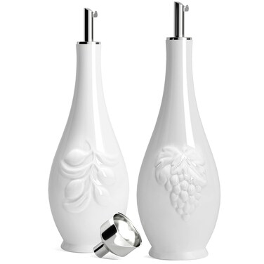 HOMBENE Porcelain Oil and Vinegar Dispenser Set, 16 oz Olive Oil Dispenser Bottle for Kitchen, Ceramic Cooking Oil Container, Oil Cruet w/Funnel, Dripless Spout, 480ml, 2 Pack