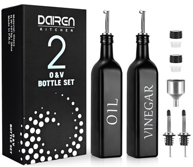 2 Pieces Oil and Vinegar Dispenser Set,Black &amp; White Olive Oil Bottle Dispenser with Caddy Holder and Stainless Steel Spout,17oz Cute Vintage Glass Cruet Set for Farmhouse Kitchen（BLACK）