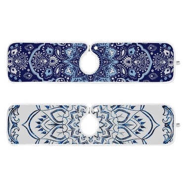 Sink Faucet Absorbing Mat Kitchen Sink Splash Guard Splash Faucet Drip Catcher Microfiber for RV Bathroom 2PCS 23.6x5.5in Mandala Blue White Boho