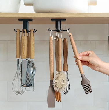 EigPluy 2pcs Under Cabinet Kitchen Utensil Hooks,360&deg; Rotating Drilling Free Adhesive Utensils Hanging Rack for Tools/Towel/Knife (Black)