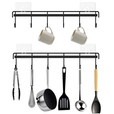 HOMEBROS Kitchen Utensil Rack Wall Mount, Black Adhesive Kitchen Utensil Hanger No Drilling Kitchen Utensil Holder Space Saving Kitchen Wall Hooks for Kitchen Bathroom Camper 2 Pcs