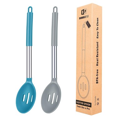 Pack of 2 Large Silicone Slotted Spoon Kitchen Skimmer with High Heat Resistant BPA Free Non Stick Cooking Ladle Strainers For Draining and Frying (Gray-Blue)