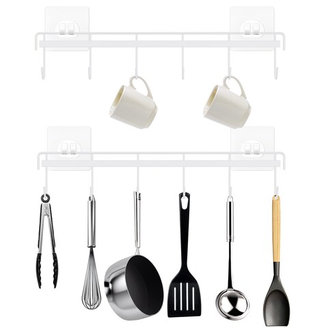 HOMEBROS Kitchen Utensil Rack Wall Mount, White Adhesive Kitchen Utensil Hanger No Drilling Kitchen Utensil Holder Space Saving Kitchen Wall Hooks for Kitchen Bathroom Camper 2 Pcs