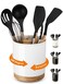 LoeJan 3 Compartment Utensil Holder, Extra Large Utensil Crock, Stable Ceramic Utensil Organizer, Cooking Tool Organizer Set for Kitchen Counter Farmhouse Decor (C-White(Grossy))