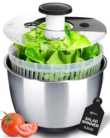 Stainless Steel Pump Salad Spinner Large - Easy Compact Kitchen Tool - Stainless Steel Bowl, Drain &amp; Colander - Lettuce Spinner, Vegetable Dryer, Fruit Washer, Pasta &amp; Fries Produce Strainer - 6.33 Qt