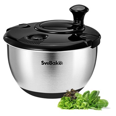 SveBake Stainless Steel Salad Spinner, 4.2 Qt Vegetable Washer, BPA-Free Lettuce Dryer with Crank Design, Dishwasher Safe, Non-Slip Base - Black Lid
