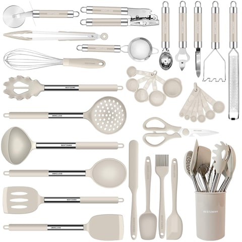 Kitchen Utensils Set-Silicone Cooking Utensils-33pcs Non-Stick Silicone Cooking Kitchen Utensils Spatula Set with Holder-Best Kitchen Cookware with Stainless Steel Handle (Khaki)