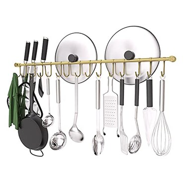 OKEPOO 304 Stainless Steel Kitchen Utensil Hanger - 30 Inch Wall Mount with 15 Noiseless Sliding Hooks, Pots and Pans Hanging Rack, Organizer Storage Perfect for Organizing Cooking Tools, Golden