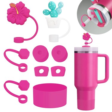 Stanley Cup Accessories Set Including 6 Pcs Silicone Spill Proof Stopper, 2 Pcs Straw Cover Cap for 9-10 mm Straws, 1 Pcs Silicone Boot for Stanley Cup Stanley 40oz &amp; 30oz Tumbler (Passion Pink)