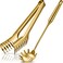 Patelai 2 Pcs Stainless Steel Pasta Spoon with Teeth Large Spaghetti Spoon Utensil, 9.4'' Pasta Tong and 13.6'' Pasta Fork with Vacuum Handle, Comfortable Grip Design Spoons for Kitchen(Gold)