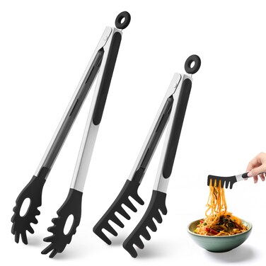 2 PCS Pasta Tong Spaghetti Tongs, 9-Inch &amp; 12-Inch Pasta Server Utensil Pasta Tong Silicone Pasta Tongs With Teeth Silicone Tongs for Serving Food, Spaghetti Noodle, Pasta (Black)