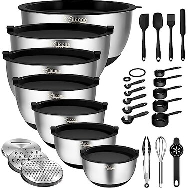 Wildone Mixing Bowls with Airtight Lids, 27 PCS Stainless Steel Nesting Bowls, with 3 Grater Attachments, Scale Mark &amp; Non-Slip Bottom, Size 5, 4, 3, 2, 1.5, 1, 0.63QT, Ideal for Mixing &amp; Prepping