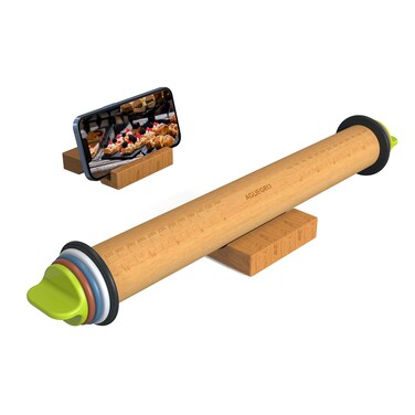 Aguegro Rolling Pin with Thickness Ring, Rolling Pin for Baking, Fondant, Pizza, Crust, Cookies, Pastry Dough Thickness, 13.6&rdquo; Wooden Rolling Pin with 4 Multi-Color Thickness Rings and Wooden Stand