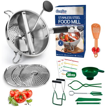 Food Mill Stainless Steel With 3 Grinding Discs and Complete Canning Supplies Starter Kit of 8-Includes Tongs, Jar Lifter, Wrench, Lid Lifter, measurer,Funnel,Labels,Multifunctional Spoon(GJ-OG-GR)