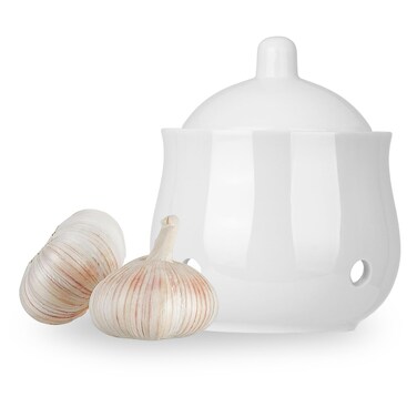 CHILDIKE 12 OZ Garlic Keeper with Lid, Porcelain Garlic Container Saver for Countertop (White 12 OZ)
