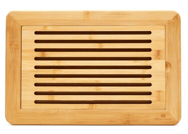 RoyalHouse Large Premium Natural Bamboo Bread Cutting Board with Crumb Tray, Bread Serving Tray for Kitchen
