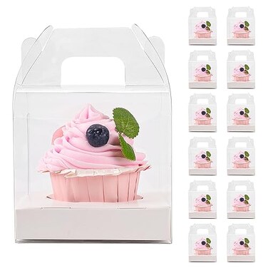 LOKQING 12 PCS Individual Cupcake Containers Single Cupcake Boxes with Handle and Inserts Clear Plastic Favor Boxes