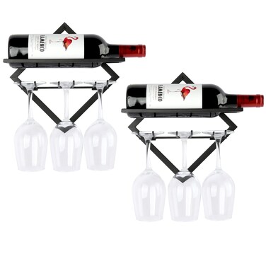 2 Pack Wine Glass Rack Wall Mounted, Collapsible Hanging Wall Wine Rack for Liquor Storage, Metal Wine Glass Holder Wall Mounted with 3 Glass Holders, Wall Mounted Wine Rack for Wine Display Decor