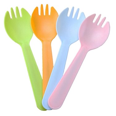 4.3" Mini Disposable Sporks 100ct, Plastic Spork 2-in-1 Utensils, 4 Colors, 25ct Individual Package Per Color - Made by Mavere