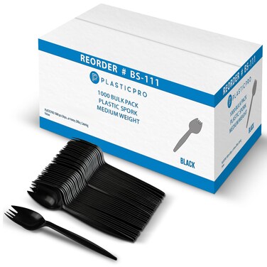 PLASTICPRO 1000 pcs Disposable Plastic Sporks Bulk Pack Black Plastic Medium Weight 2 in 1 Cutlery Silverware for Home, Office, Catering