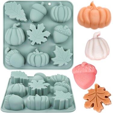 2 Pack 3D Pumpkin Silicone Mold Fall Silicone Mold Halloween Thanksgiving Candy Mold Autumn Maple Leaf Acorn Chocolate Cake Pan Baking Molds for Harvest Theme Cupcake Ice Cube Soap Making (Grey-B)